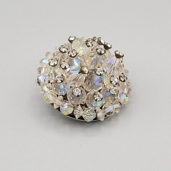 Domed AB Aurora Borealis Brooch Pin Silver Tone Bicone Round Beads Vintage 1950s - Picture 3 of 7